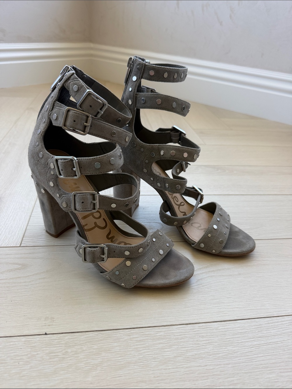 Sam Edelman Gray Suede Studded Multi-Strap Block Heel Sandals